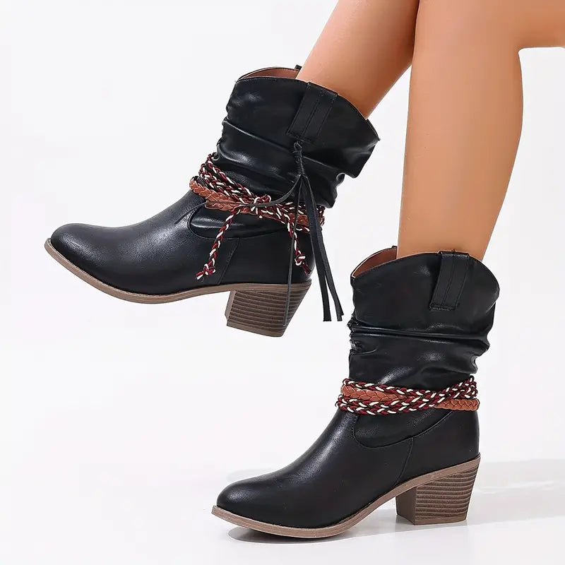 Bottes montantes tressées pour femmes, à hauteur du mollet, style enveloppant