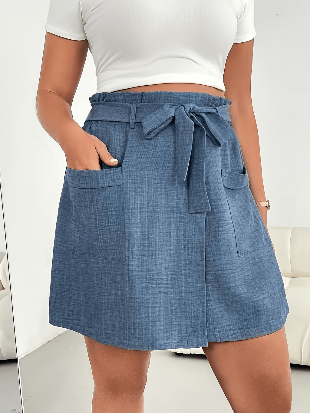 Women’s Summer Mini Skirt with Tie Waist and Front Pocket Detail