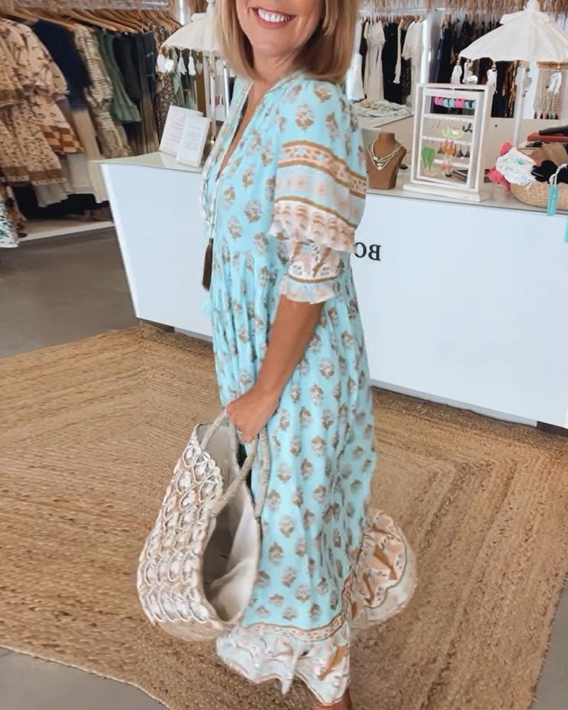 Women's Bohemian Print Maxi Dress with Tassel Tie Neckline