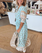 Women's Bohemian Print Maxi Dress with Tassel Tie Neckline