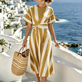 Women's Striped Midi Dress with Waist Detail and Short Sleeves