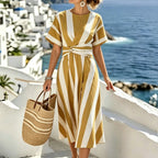 Women's Striped Midi Dress with Waist Detail and Short Sleeves