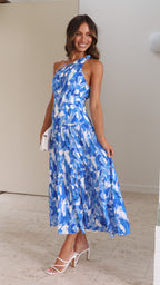 Women's One Shoulder Abstract Floral Print Tiered Midi Dress with Pleated Texture and Smocked Waist