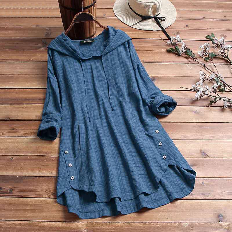 Blouse tunique à manches longues avec capuche et boutons pour femme