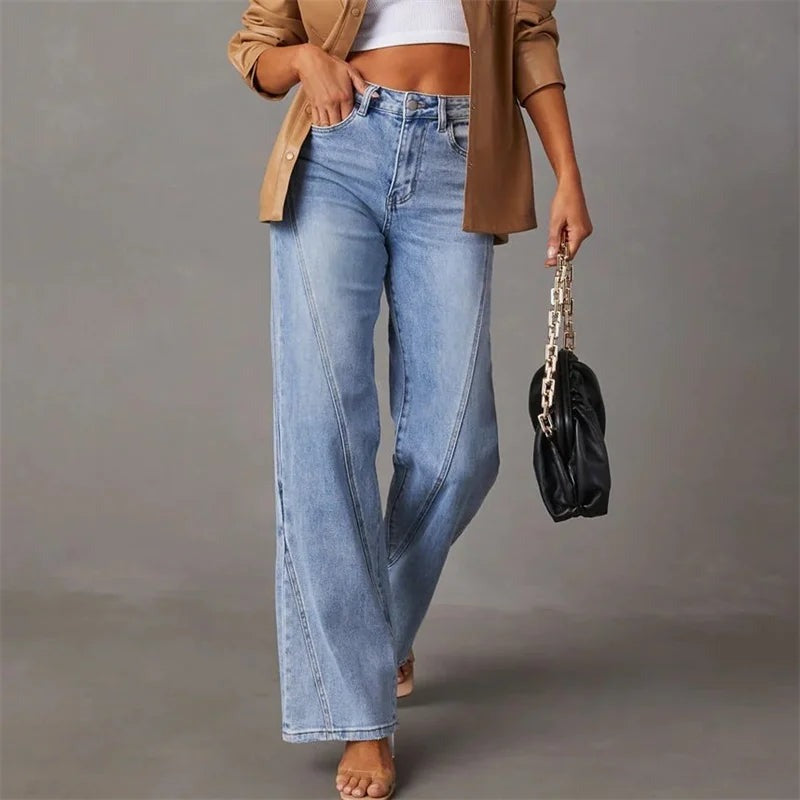 Women's High-Waisted Wide-Leg Jeans with Panel Detailing for Everyday Wear