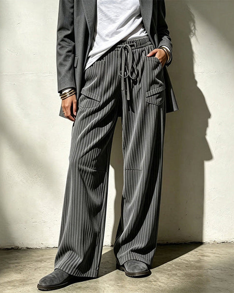 Pantalon cargo large à jambes larges en velours côtelé pour femme avec cordon de serrage