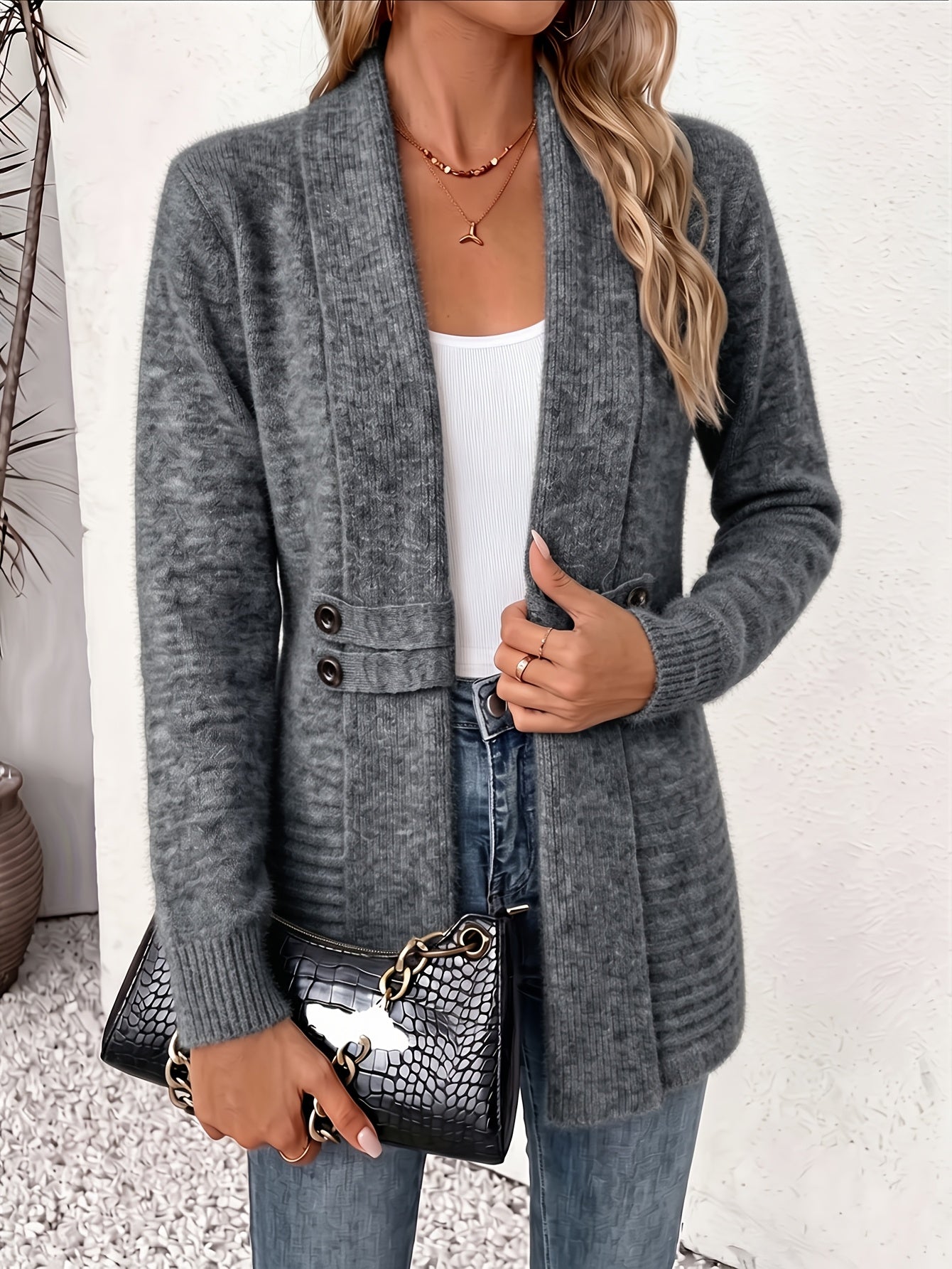 Women's Open Front Shawl Collar Knit Cardigan Sweater