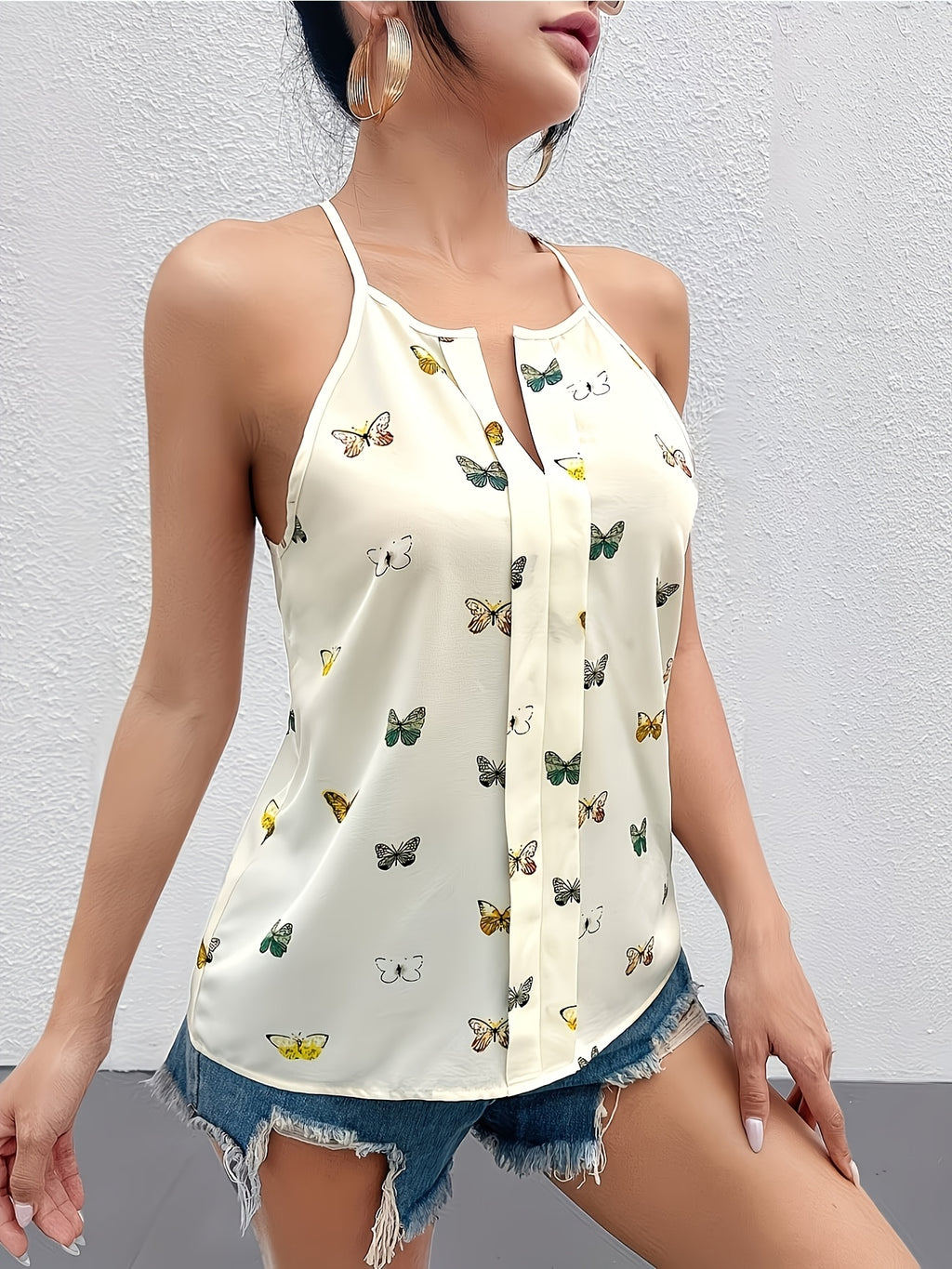 Women's Butterfly Print Sleeveless Keyhole Neck Blouse