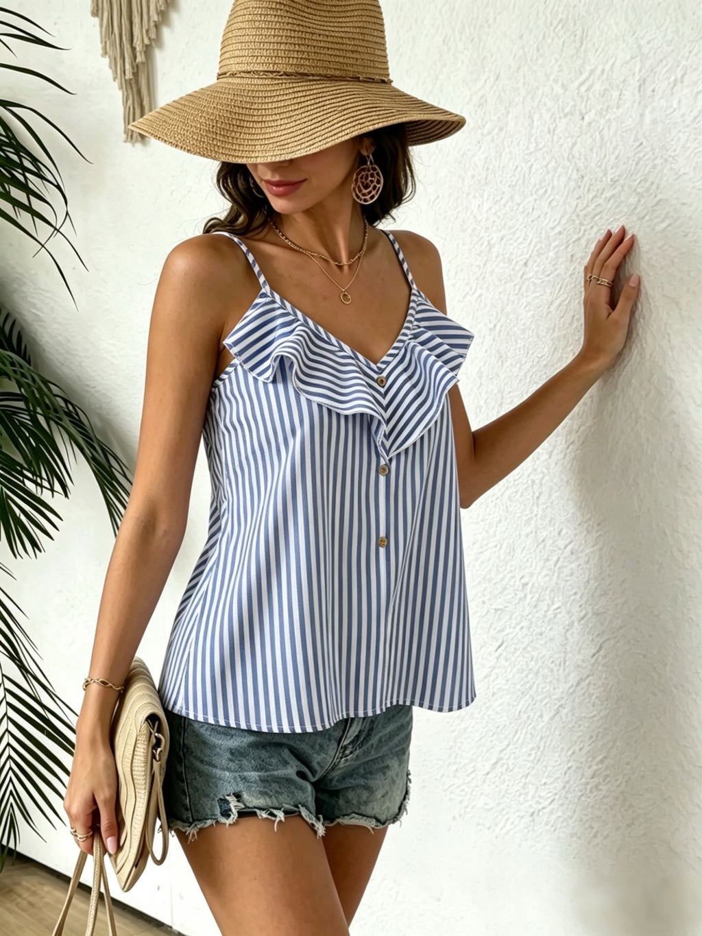 Women's Striped Ruffle Trim Button Front Cami Top