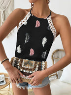 Women’s Feather Print Halter Top with Crochet Strap Detailing