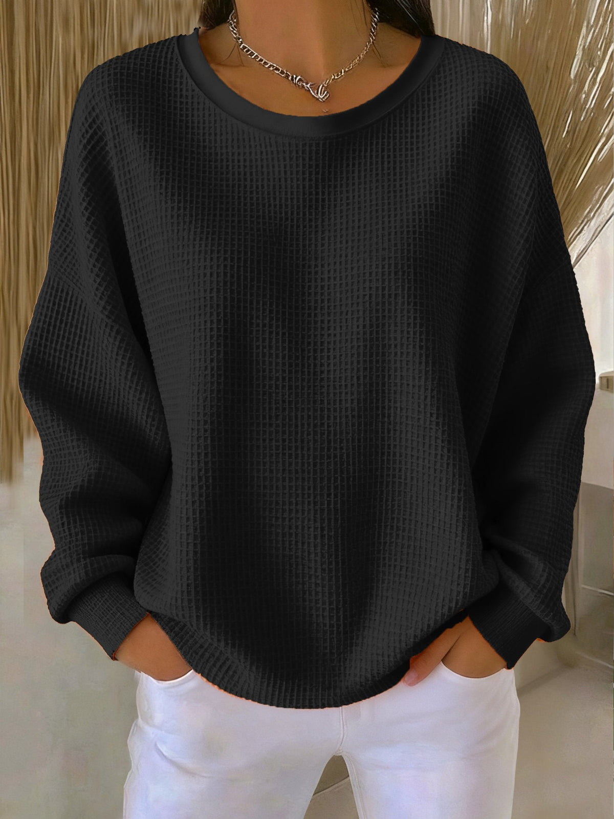 Women's Relaxed Crew Neck Pullover with Waffle Texture