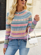 Strikket sweater med Fair Isle-mønster og rund hals til kvinder