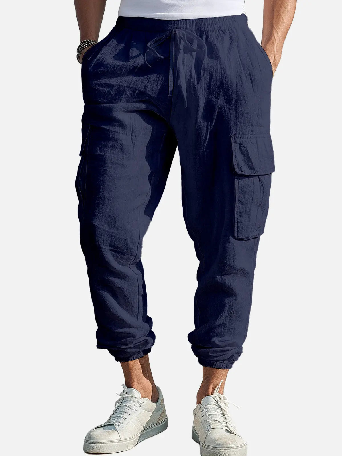 Men Lightweight Linen Blend Cargo Joggers with Relaxed Fit and Drawstring Waist