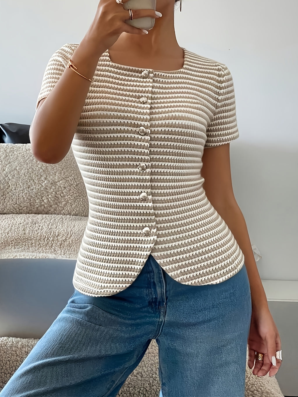 Women's Striped Button Front Short Sleeve Knit Top