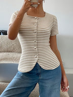 Women's Striped Button Front Short Sleeve Knit Top