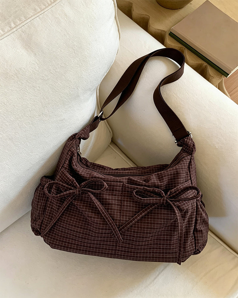 Sac à bandoulière pour femme à motif à carreaux et poches multiples