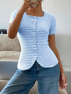 Women's Striped Button Front Short Sleeve Knit Top
