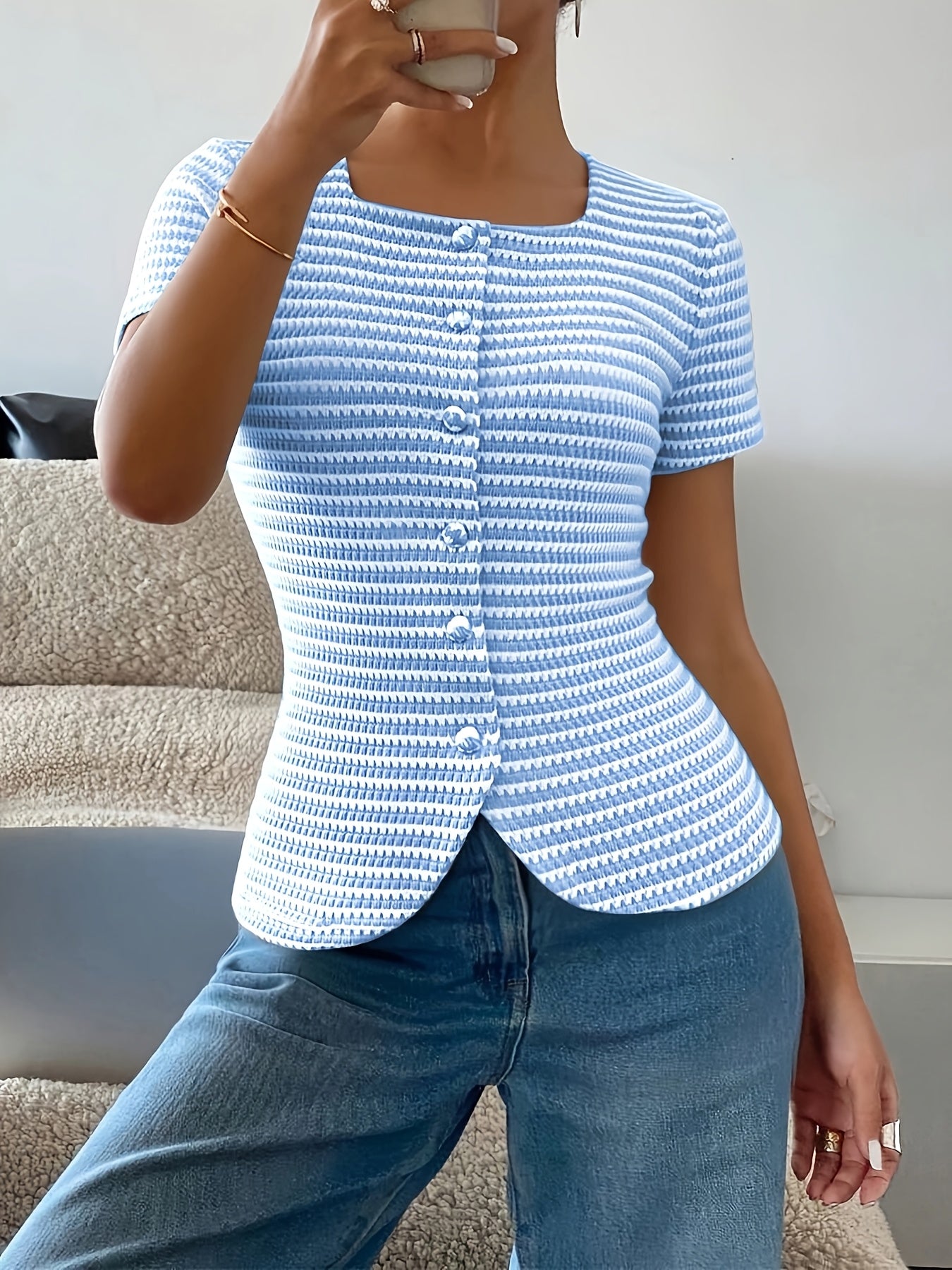 Women's Striped Button Front Short Sleeve Knit Top