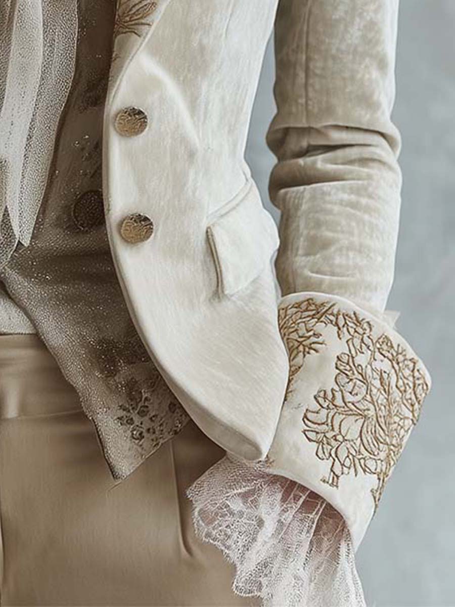 Women's Floral Embroidered Blazer with Decorative Cuffs