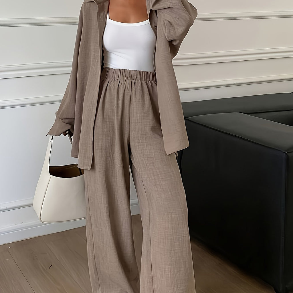 Women's Relaxed Button-Up Shirt and Wide Leg Pants Two-Piece Set
