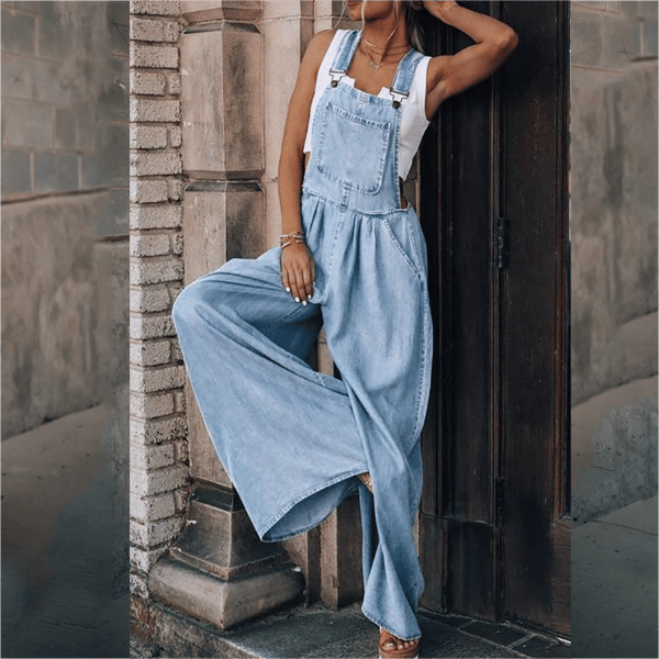 Damen Denim-Overall mit weitem Bein und verstellbarem Trägerdesign