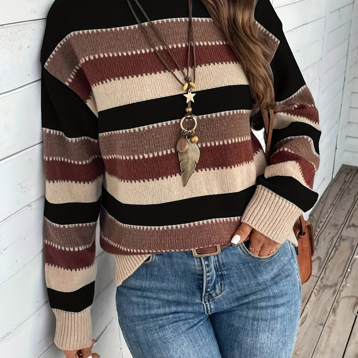Pull à col rond rayé à empiècements colorés pour femme