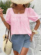 Women's Plaid Square Neck Blouse with Puff Sleeves for Everyday Elegance