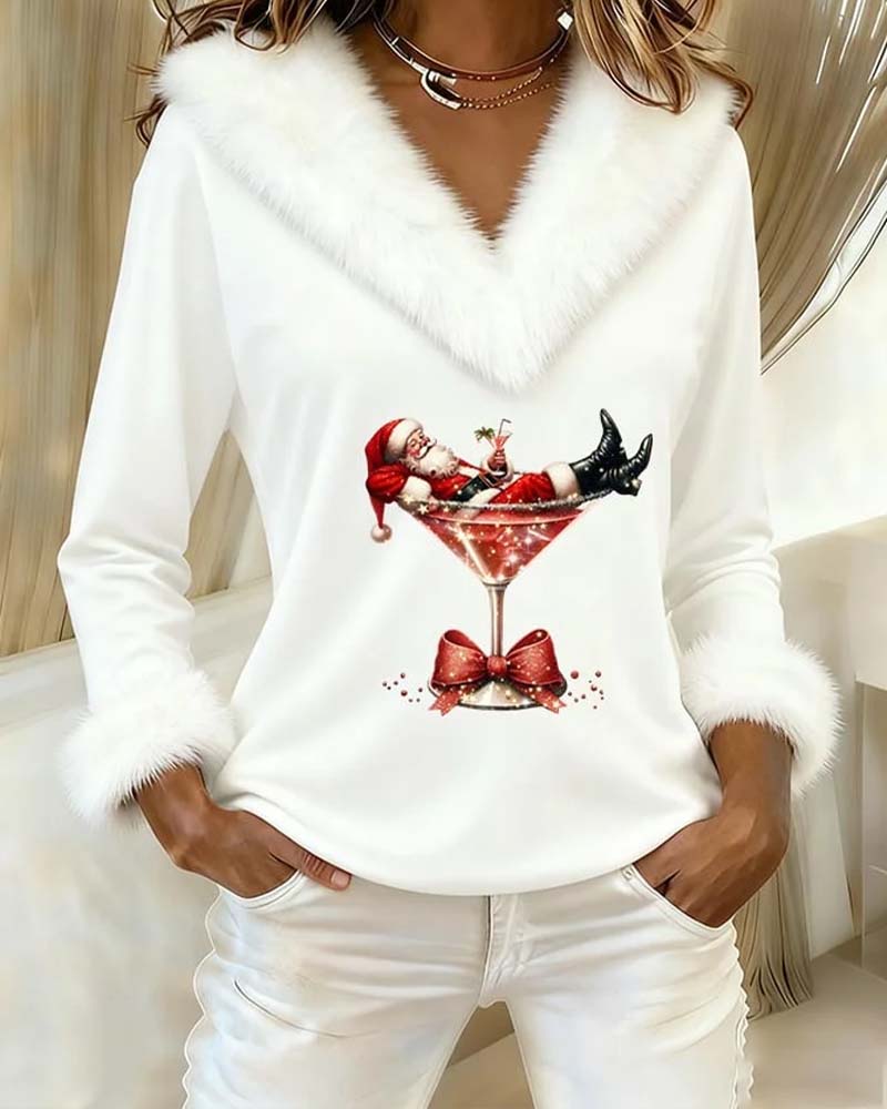 Women's Christmas Santa Print Top with Faux Fur Trim