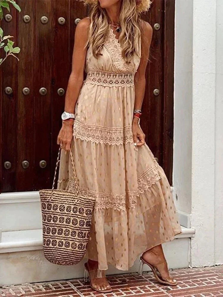 Women's Bohemian Maxi Dress with Embroidered Details and Flowing Fit for Summer Occasions