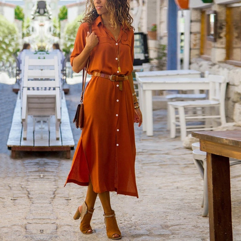 Women's Button-Front Shirt Midi Dress with Short Sleeves for Everyday Wear