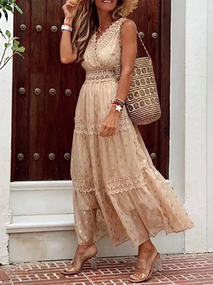 Women's Bohemian Maxi Dress with Embroidered Details and Flowing Fit for Summer Occasions