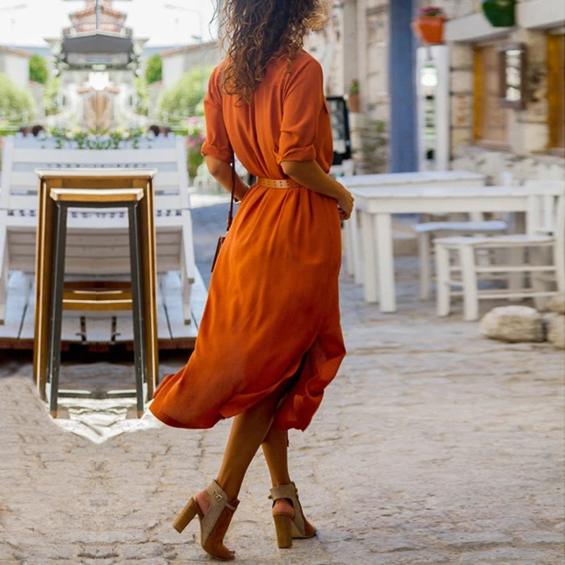 Women's Button-Front Shirt Midi Dress with Short Sleeves for Everyday Wear