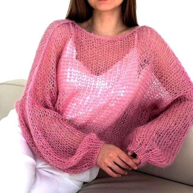 Women's Open Knit Pullover Sweater with Long Balloon Sleeves