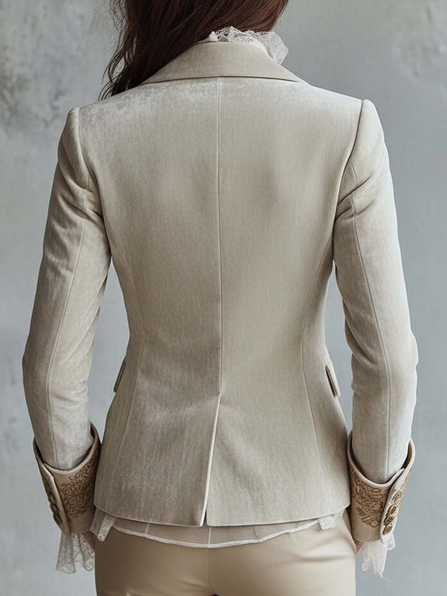 Women's Floral Embroidered Blazer with Decorative Cuffs
