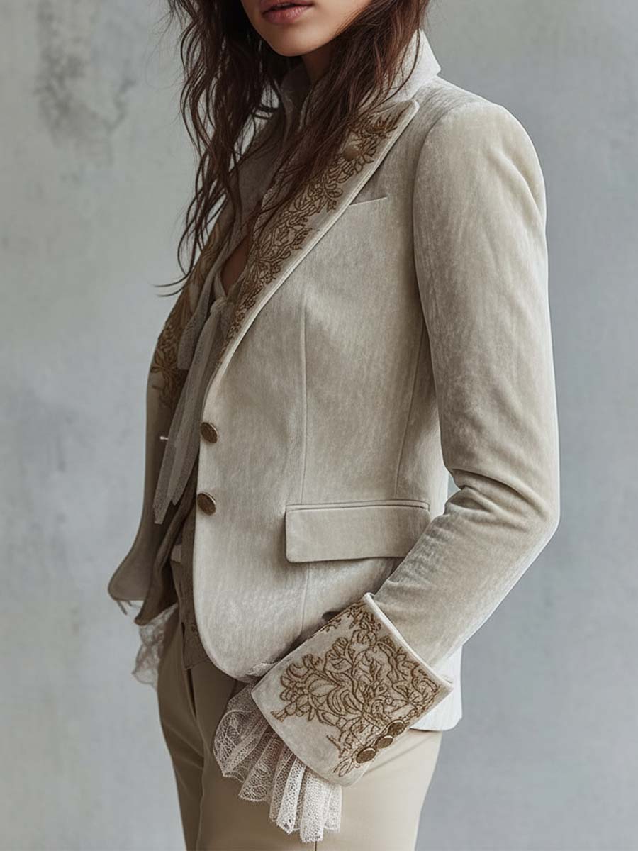 Women's Floral Embroidered Blazer with Decorative Cuffs