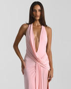 Women's Halter Maxi Dress with Open Back and Draped Side Slit