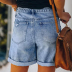 Women's Distressed Rolled Hem Denim Shorts with Relaxed Everyday Fit