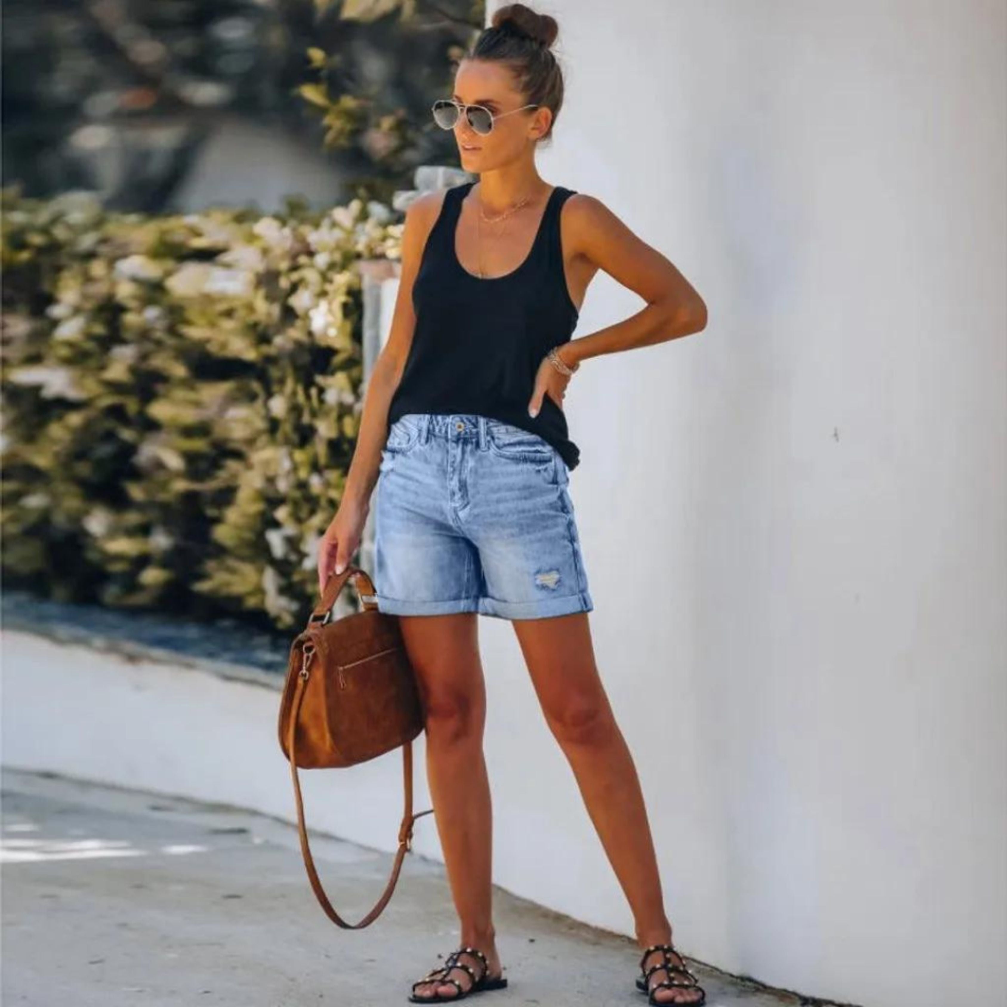 Women's Distressed Rolled Hem Denim Shorts with Relaxed Everyday Fit