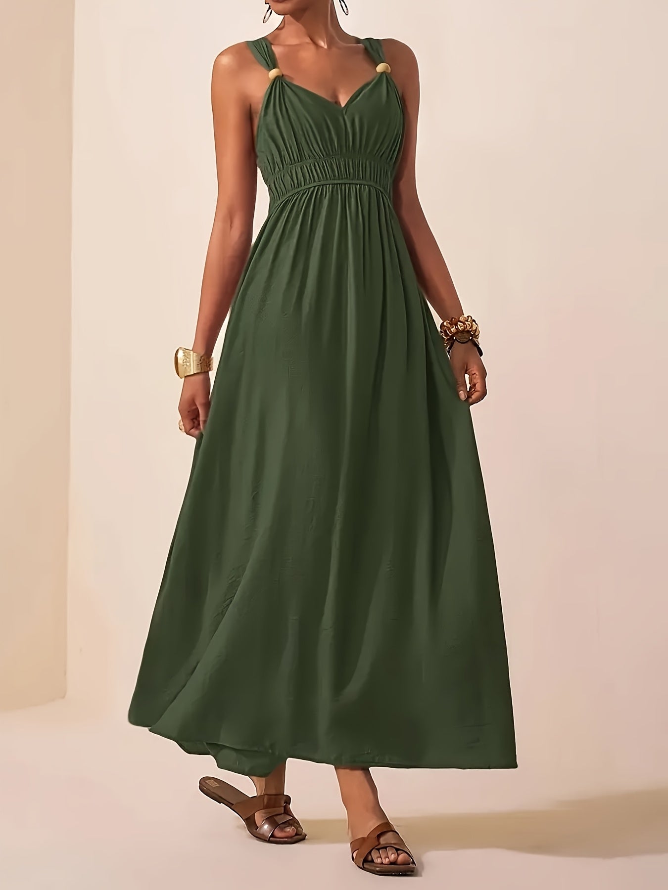 Women’s Flowing Maxi Dress with Beaded Straps and Elegant V-Neck