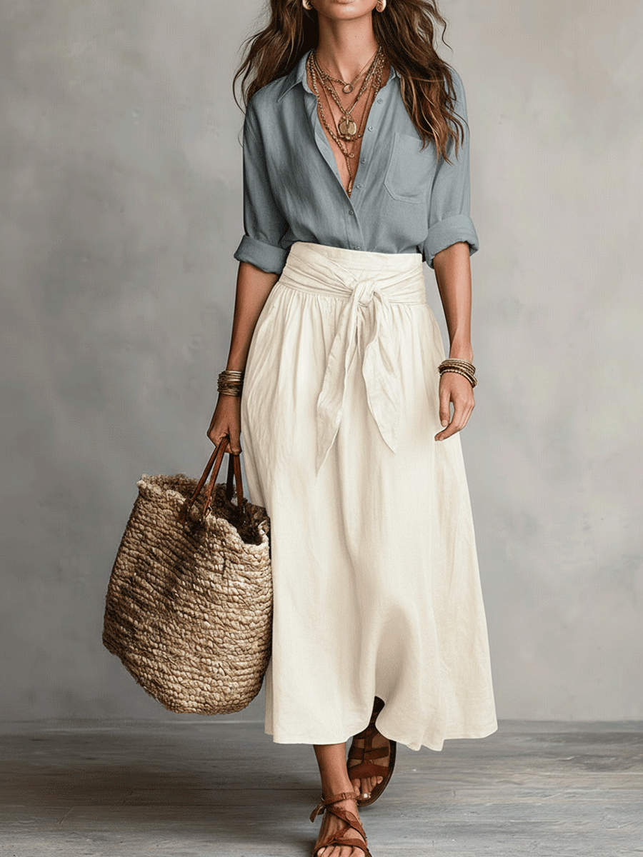 Ensemble blouse à nouer à la taille et jupe longue pour femme