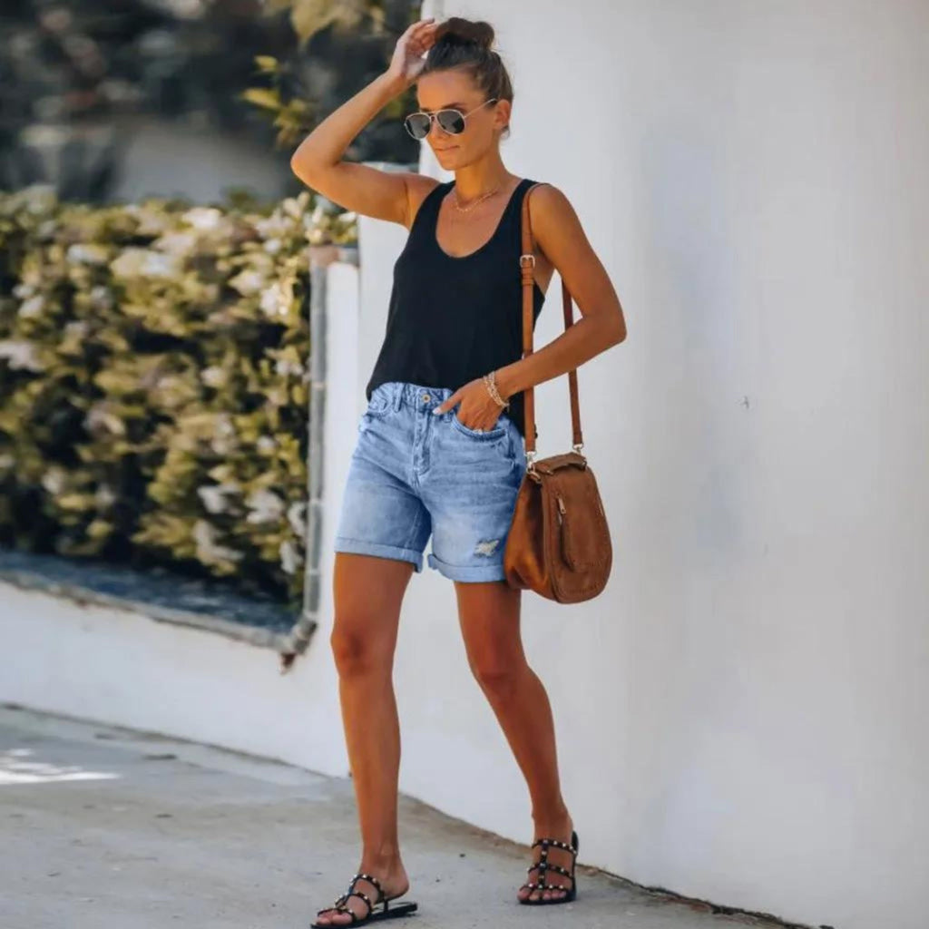 Women's Distressed Rolled Hem Denim Shorts with Relaxed Everyday Fit