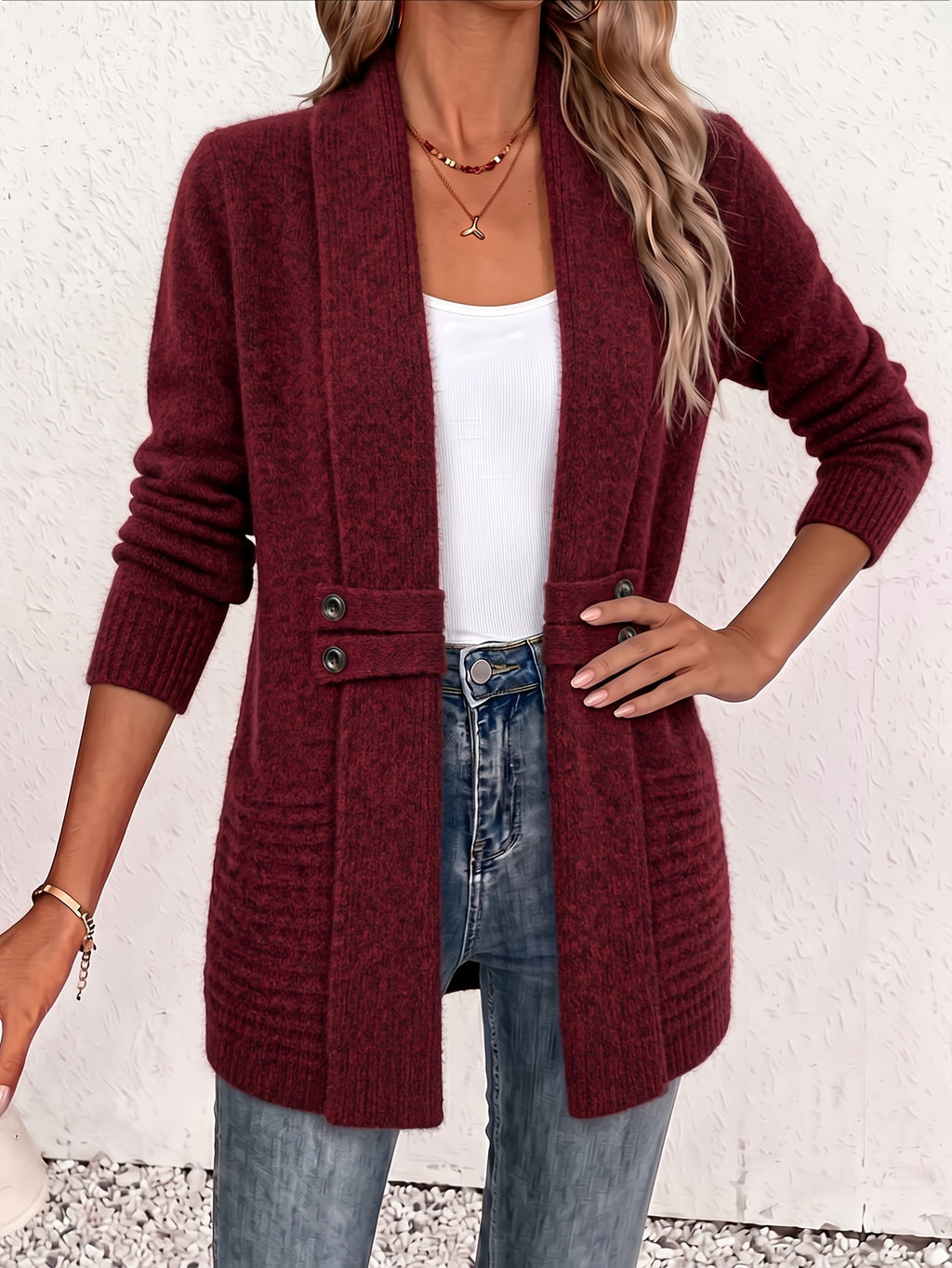 Women's Open Front Shawl Collar Knit Cardigan Sweater