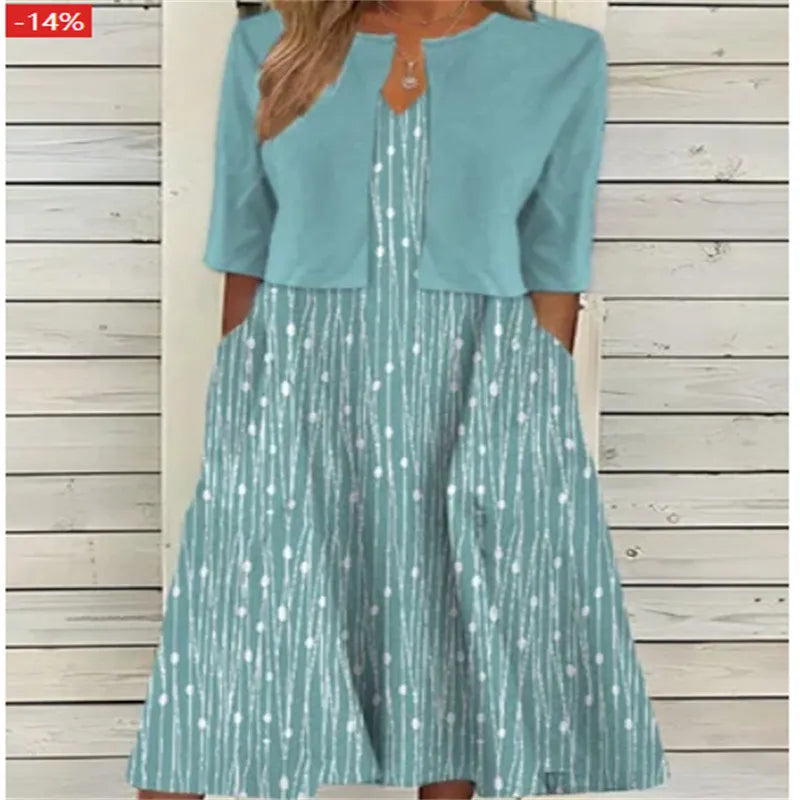 Robe mi-longue à manches 3/4 avec col rond, imprimé floral et poches pour femme