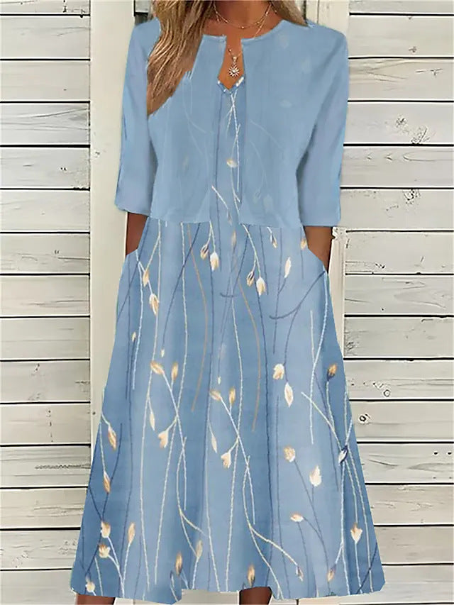 Damen-Midikleid mit Blumenmuster, Rundhalsausschnitt, Taschen und 3/4-Ärmeln