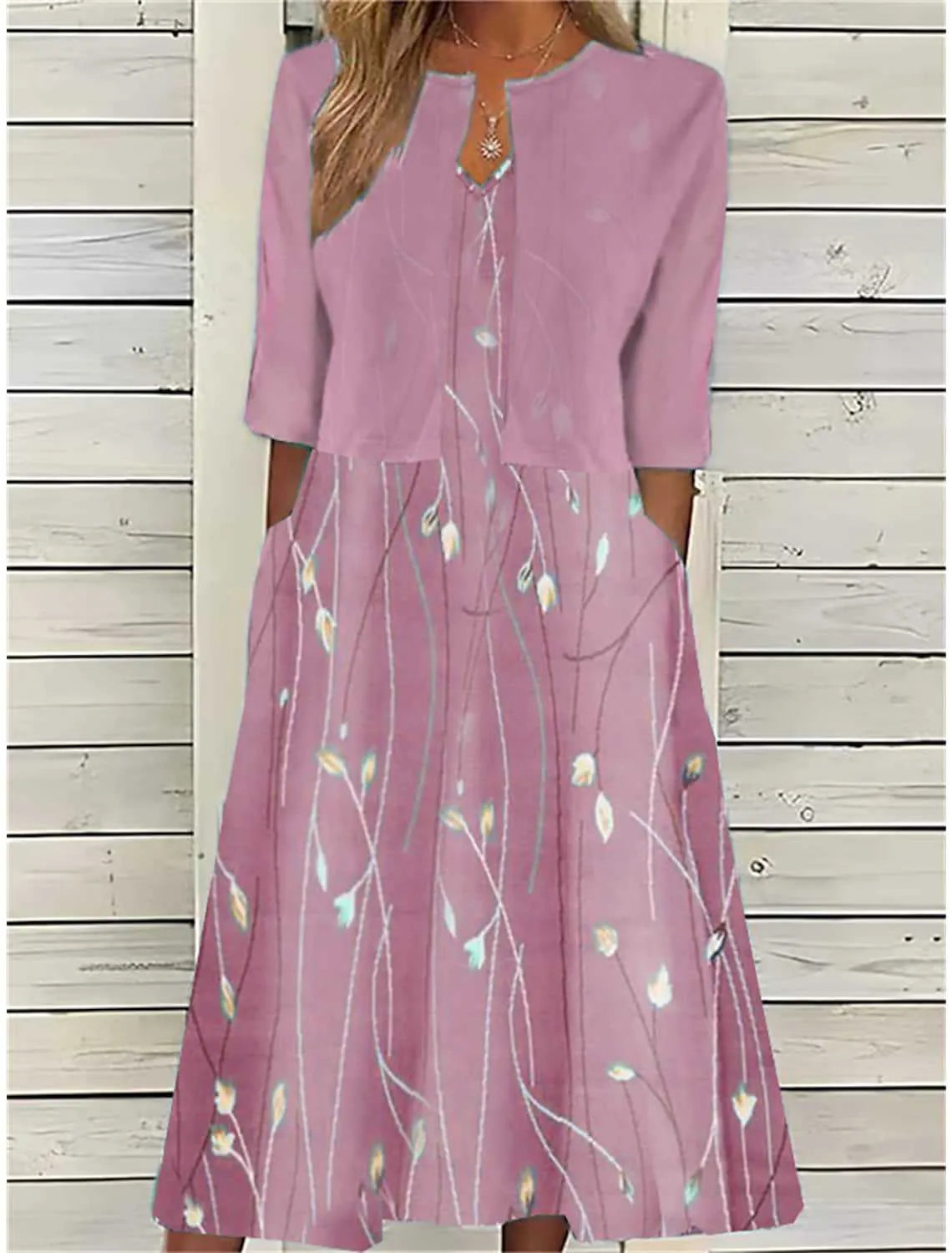 Robe mi-longue à manches 3/4 avec col rond, imprimé floral et poches pour femme