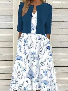 Robe mi-longue à manches 3/4 avec col rond, imprimé floral et poches pour femme