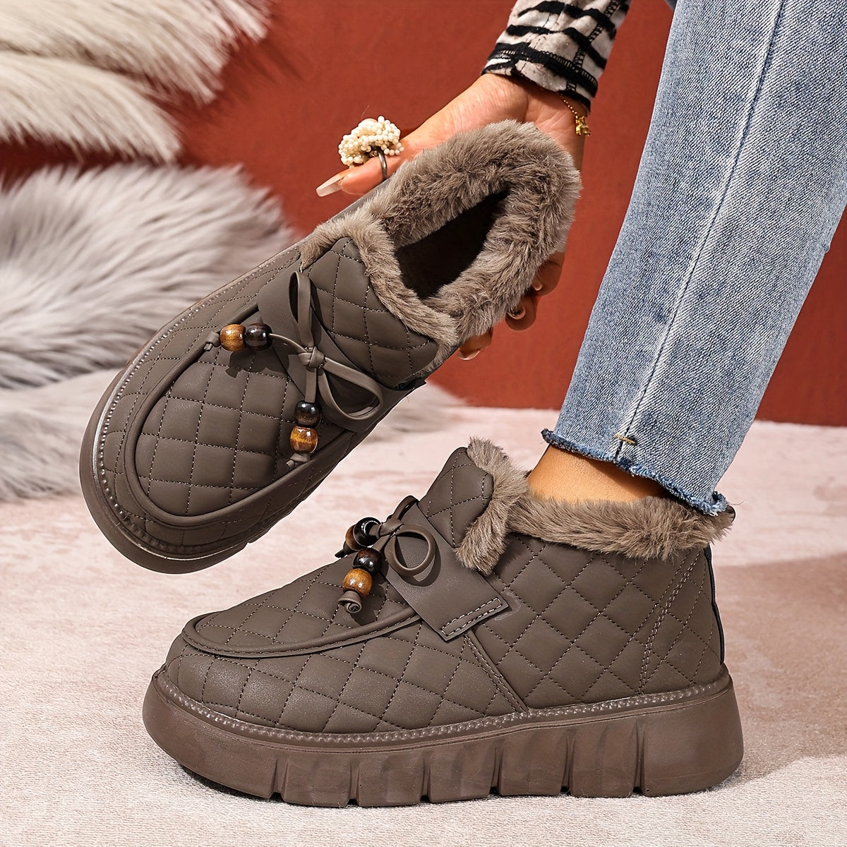 Dames vatterede slip-on-sko med imiteret pelsfor