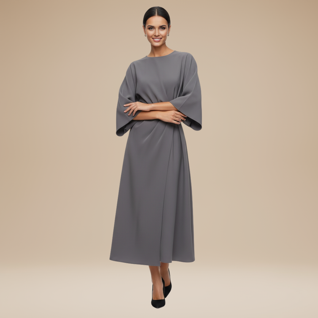 Elegantes Damen-Midikleid mit Bootsausschnitt, weiten Ärmeln, tailliertem Bund und ausgestelltem A-Linien-Rock