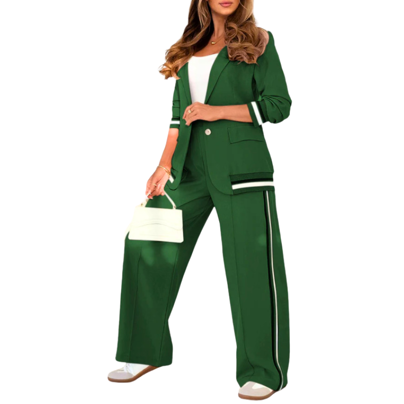Women’s Striped Trim Blazer and Wide Leg Pants Set
