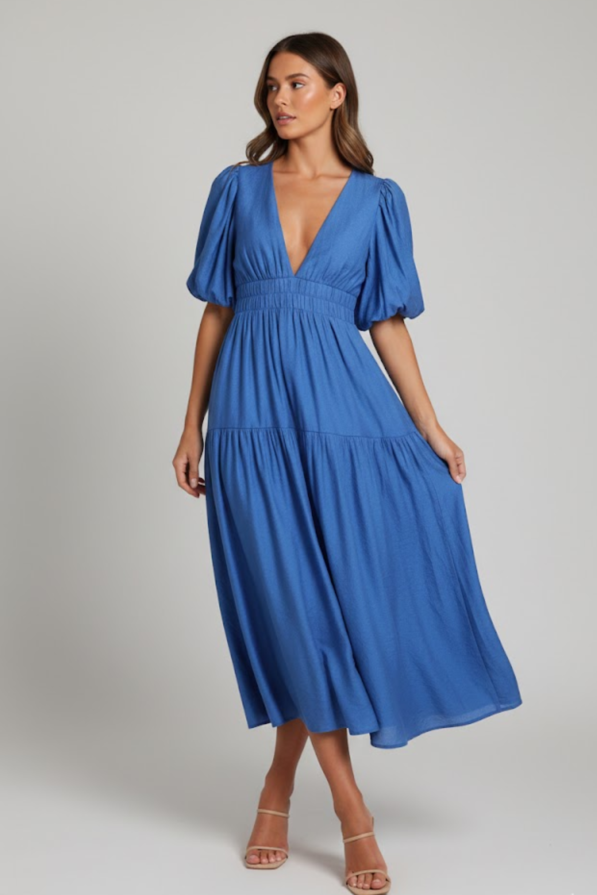 Women's Puff Sleeve Midi Dress for Elegant Everyday and Summer Styling